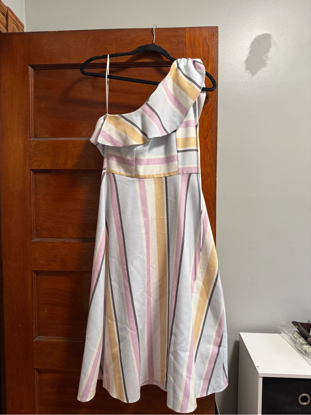 ASOS One-Shoulder Striped Midi Dress in Lilac, Cream, Blue & Tan